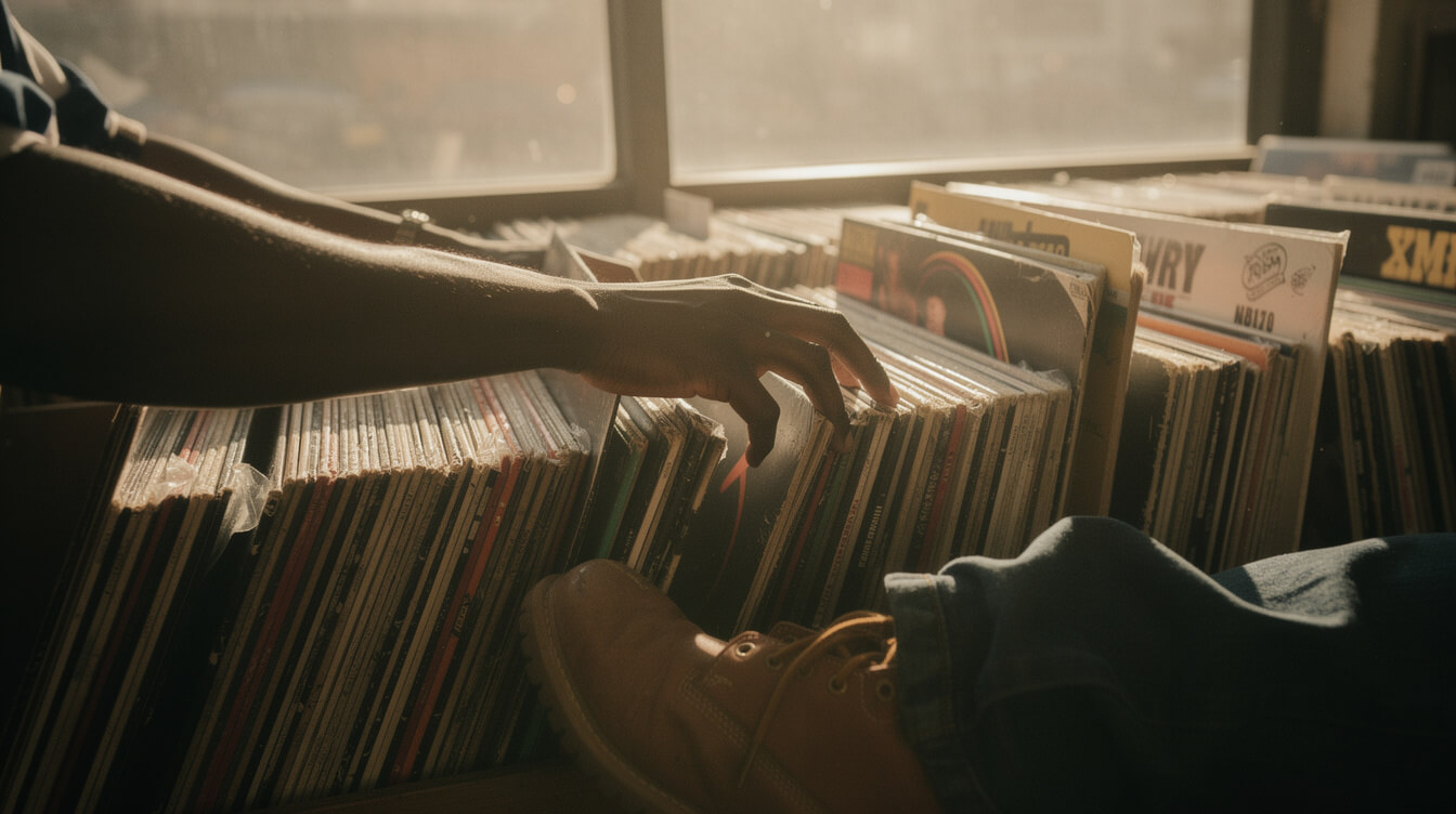Mid-90s hip-hop record store crate digging scene