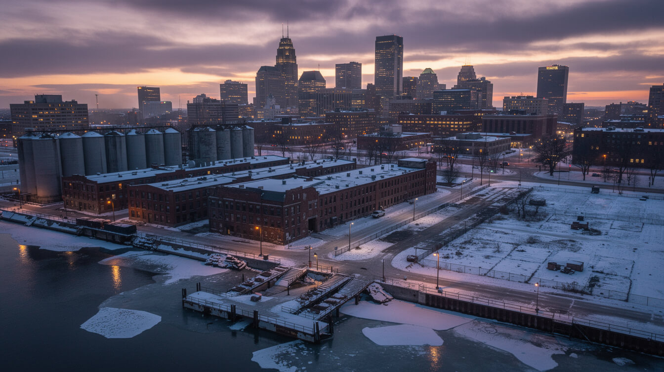Buffalo NY rust belt skyline at dusk