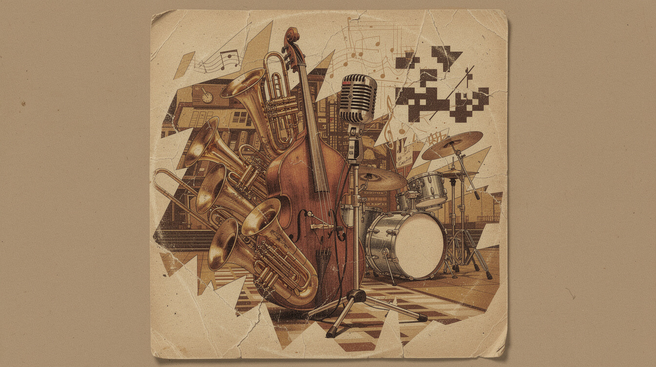 brass, upright bass, jazz drums and boom bap breakbeat symbolizing a live hip-hop band