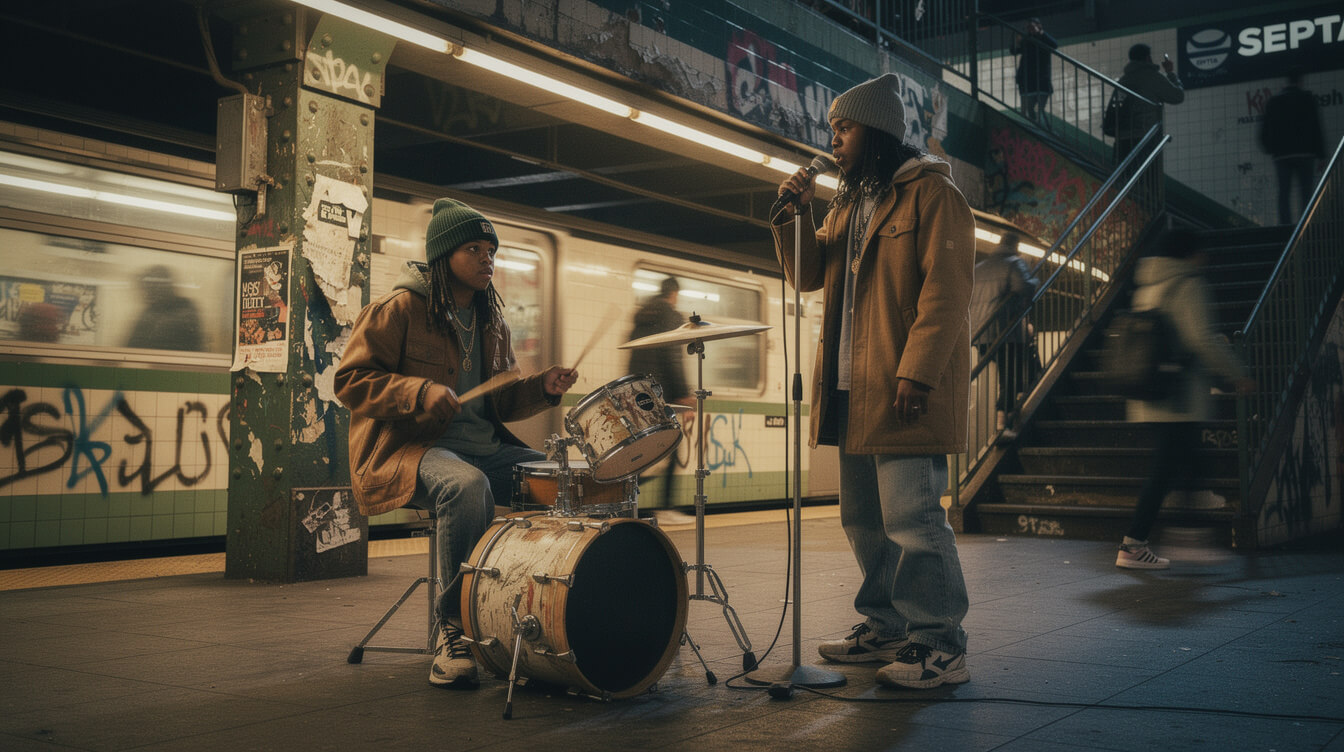 two teenage buskers on a 1990s Philadelphia subway platform with drum kit and mic