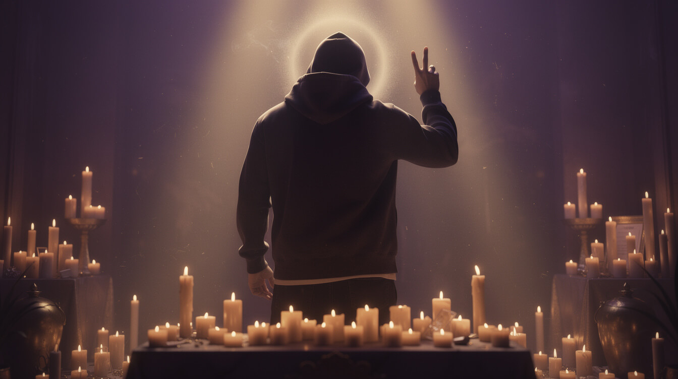 tribute illustration for Malik B with purple and gold candlelit backdrop