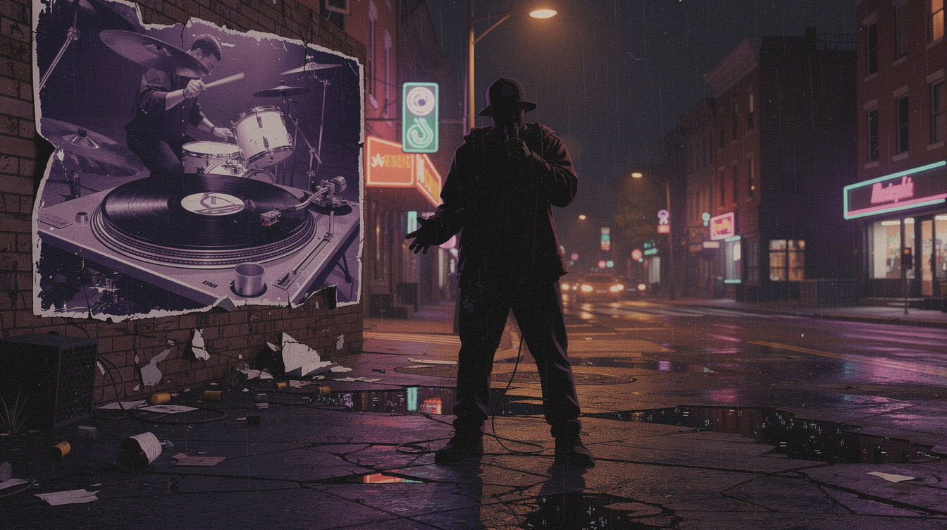 Illadelph Halflife era illustration with MC silhouette and rainy Philadelphia street corner