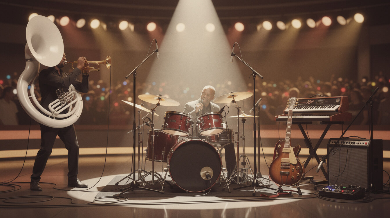 modern late-night TV house band with drums, brass section, keys and guitar