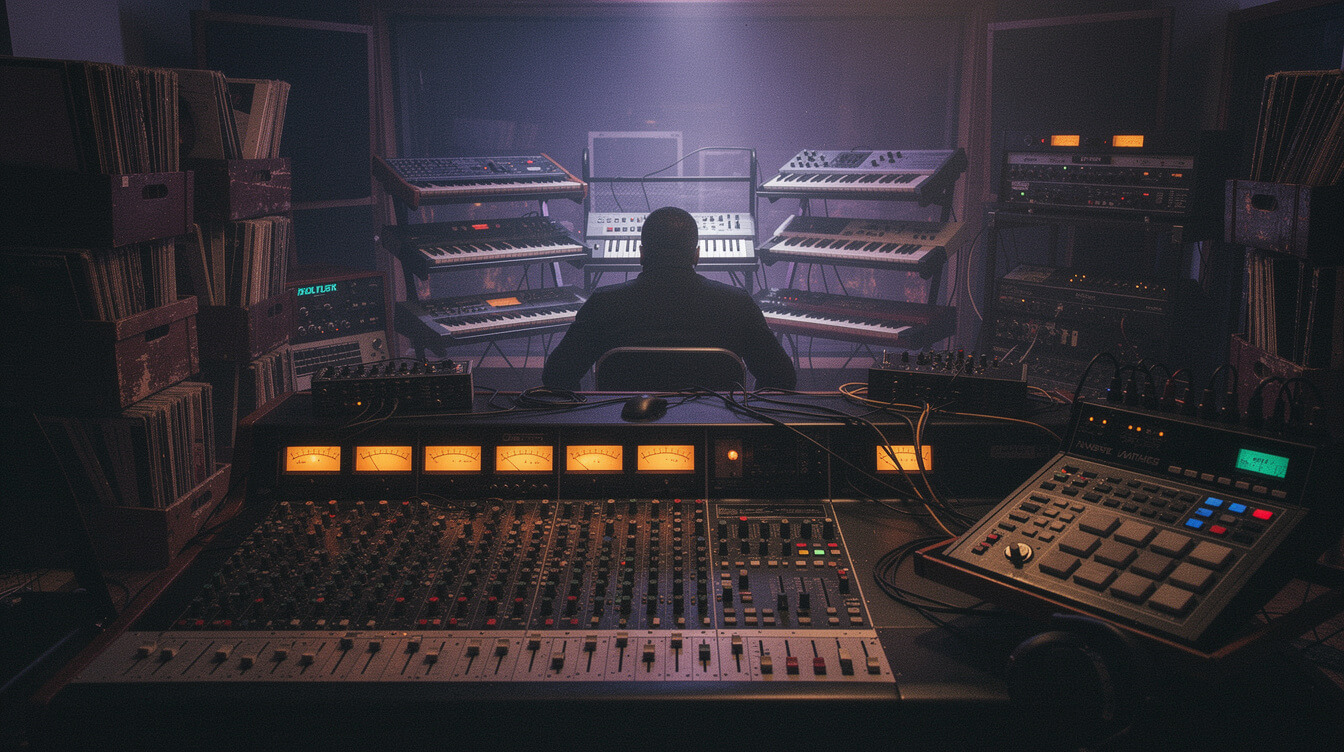 vintage 1990s producer's studio symbolizing the Rich Nichols production era of The Roots