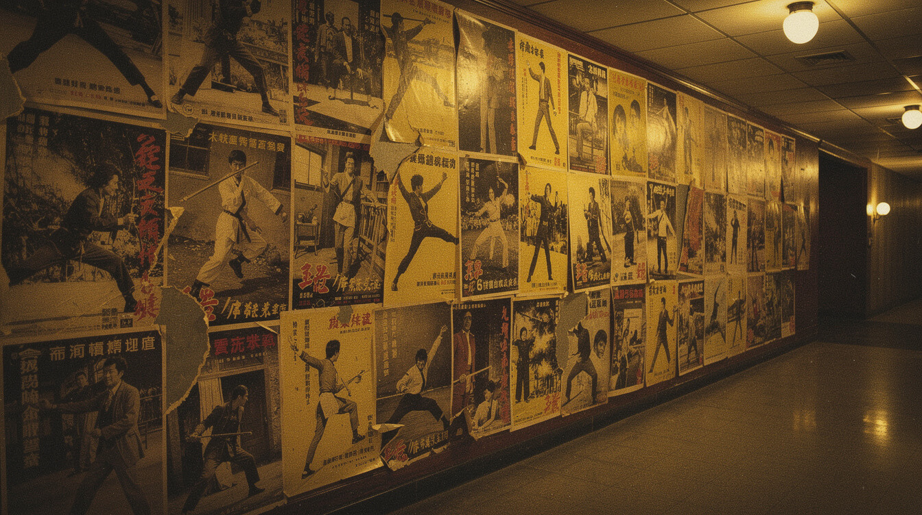 1970s Shaw Brothers kung fu movie poster wall showing the yellow-and-black aesthetic that shaped the Wu-Tang clan symbol