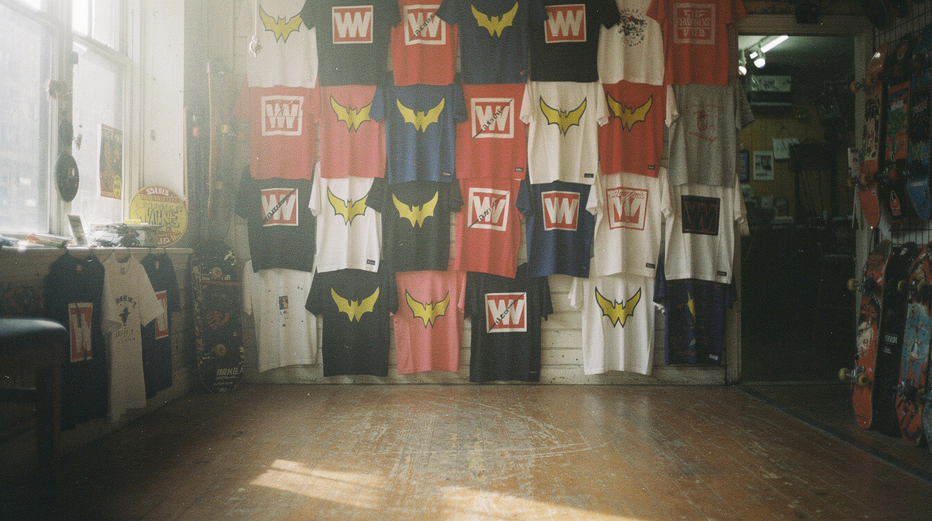 1997 NYC skate-shop wall with a red box-logo tee next to a yellow Wu-Tang clan symbol collaboration tee