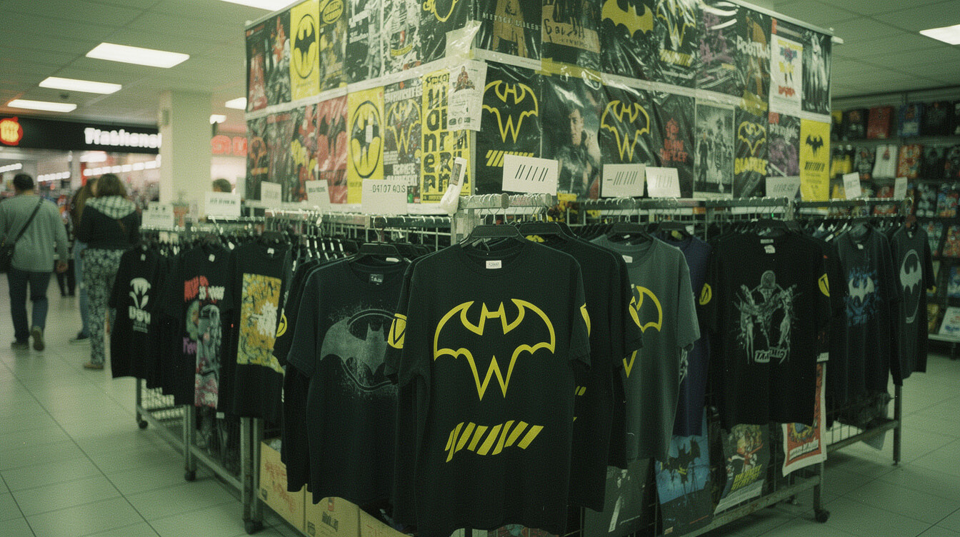 Late-1990s mall t-shirt stall stocked with bootleg Wu-Tang clan symbol tees in varying quality