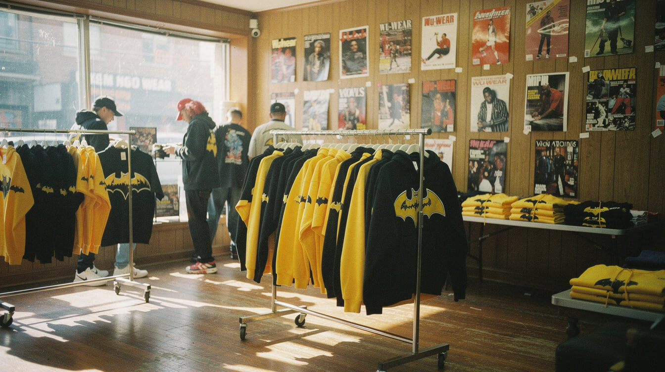 1995 Wu-Wear store interior stocked with yellow-and-black Wu-Tang clan symbol hoodies and tees