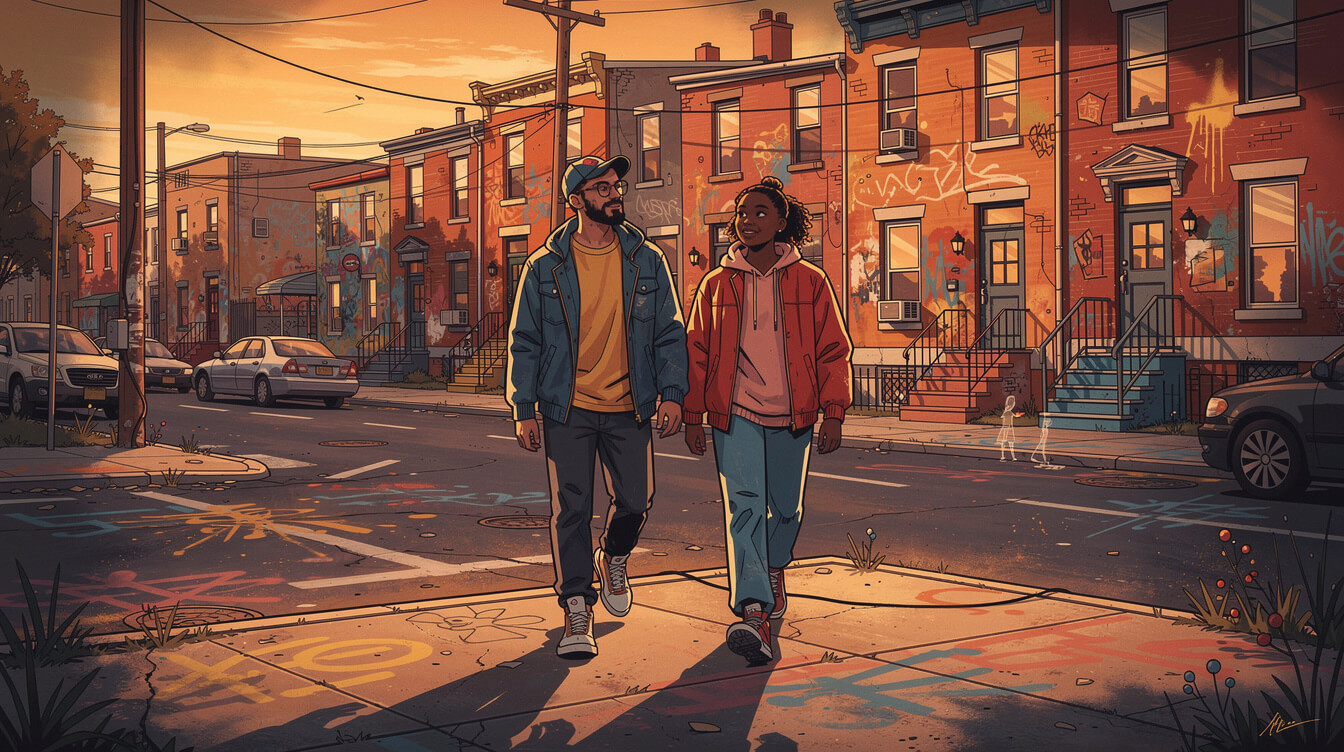 Philadelphia street scene two figures walking golden hour neo-soul