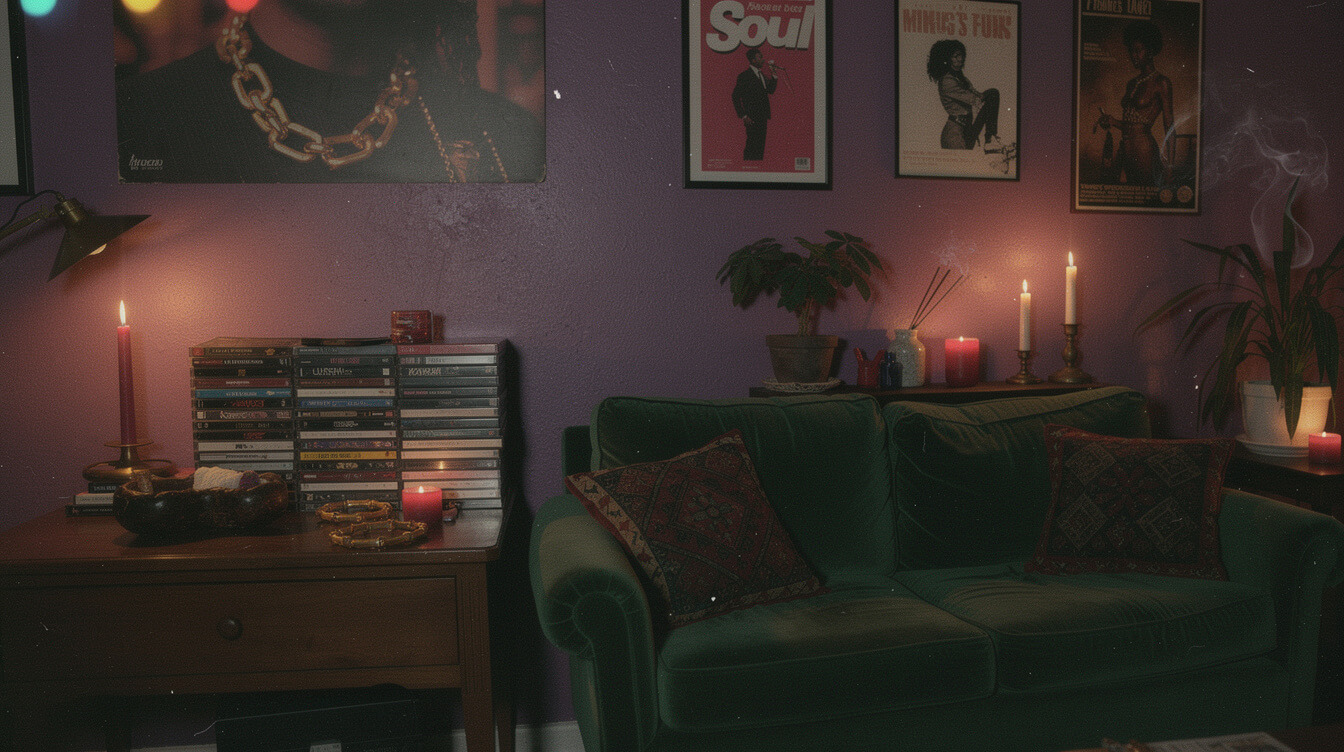 Year 2000 neo-soul era vintage aesthetic candlelit apartment music collection