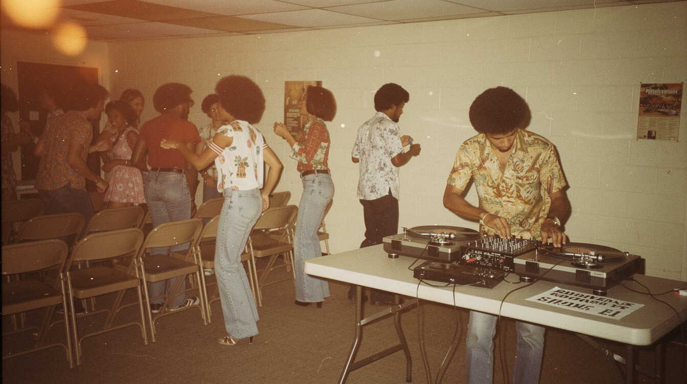 Vintage 1970s recreation room party with turntables and a mixer