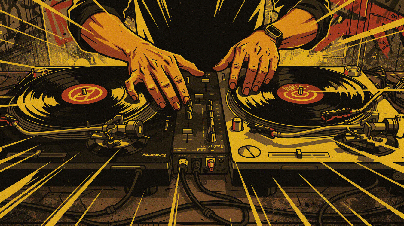 Illustration of hands mixing between two turntables