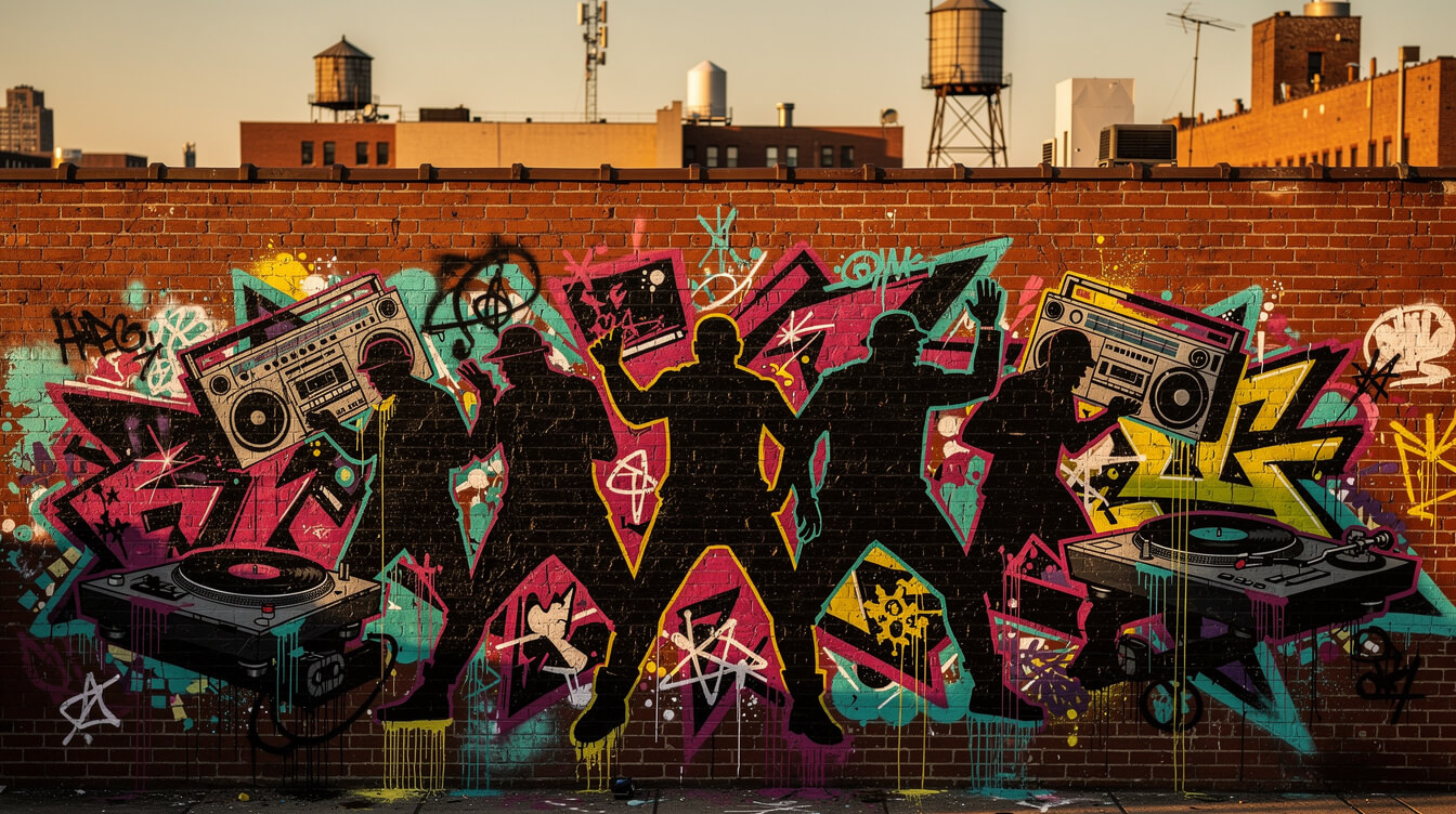 Street-art mural of silhouetted figures with turntables and boomboxes