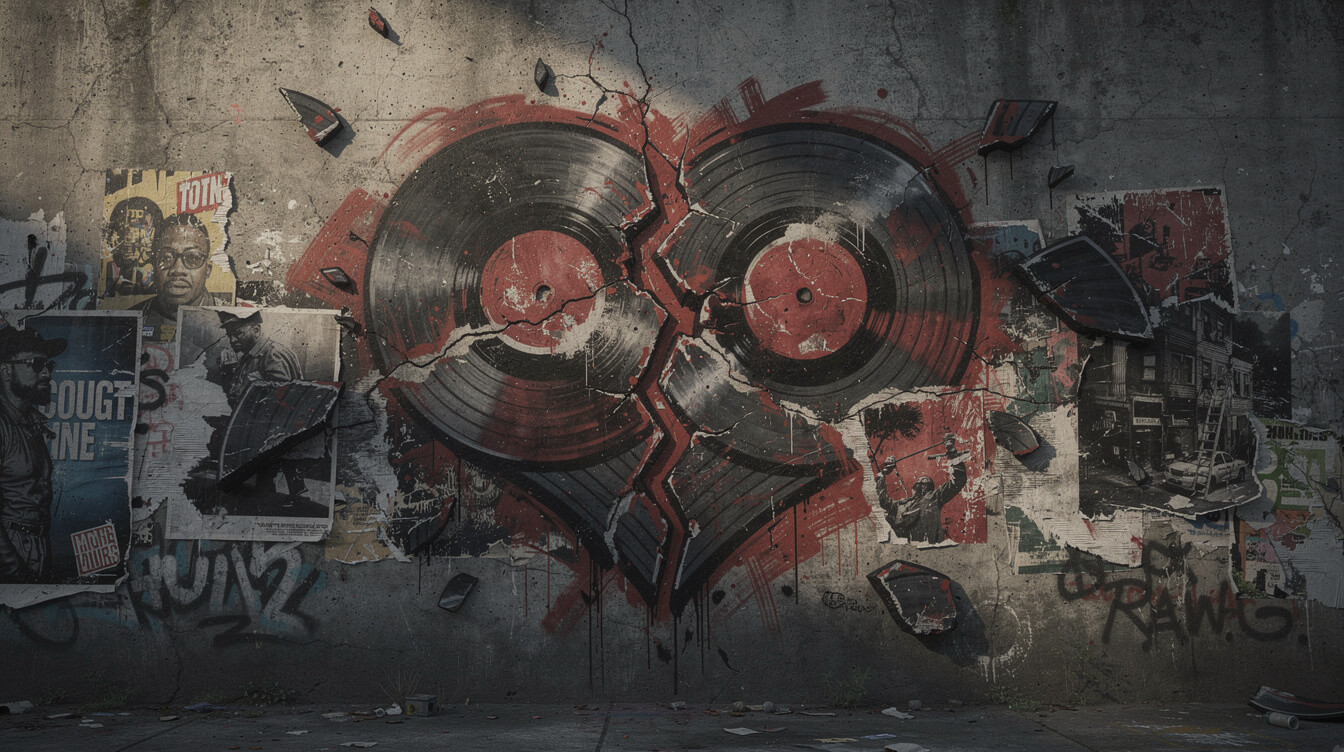 graffiti-style illustration representing heartbreak and reckoning on a hip-hop album