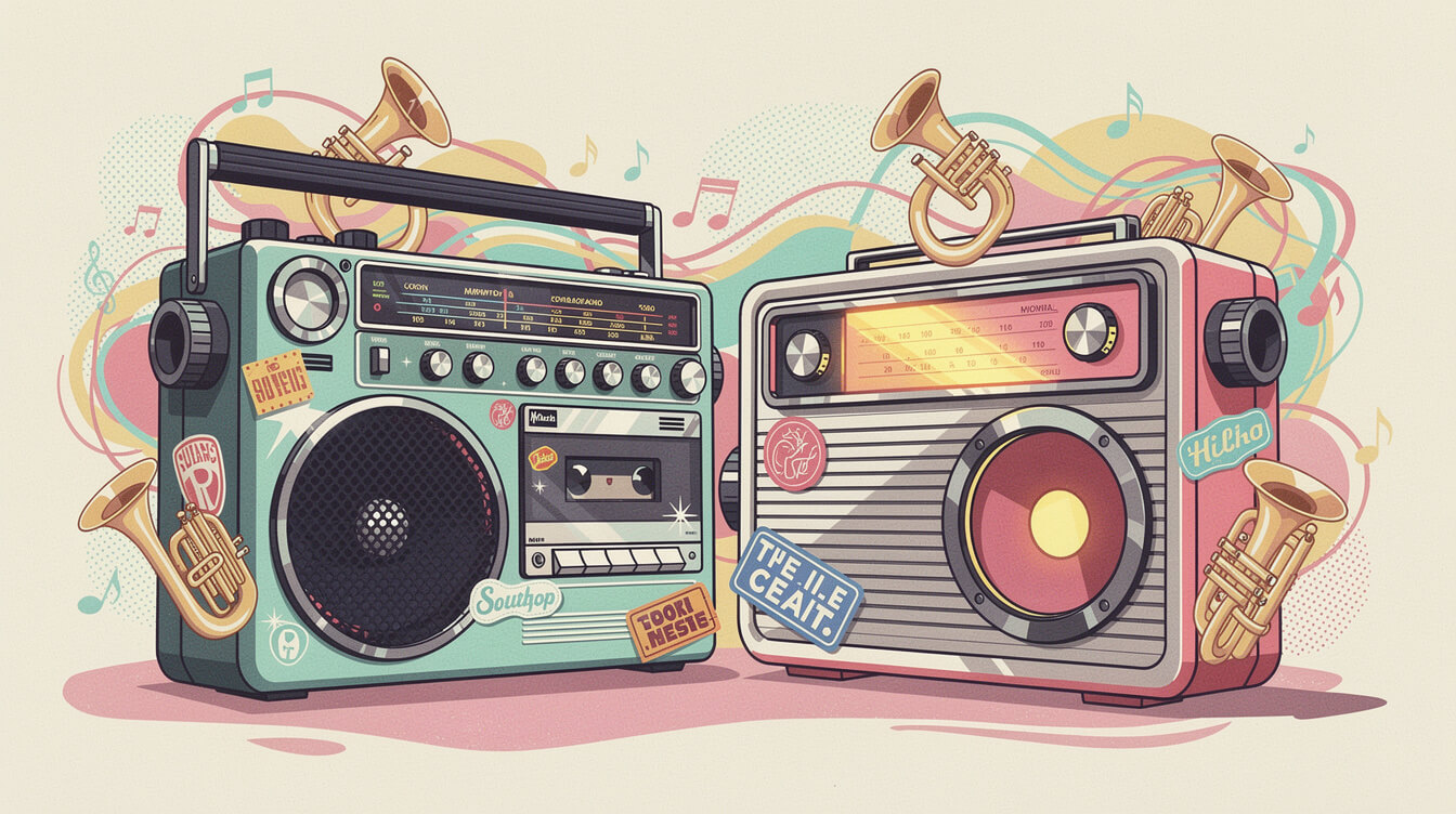 vibrant retro radio and boombox illustration in golden-age hip-hop style