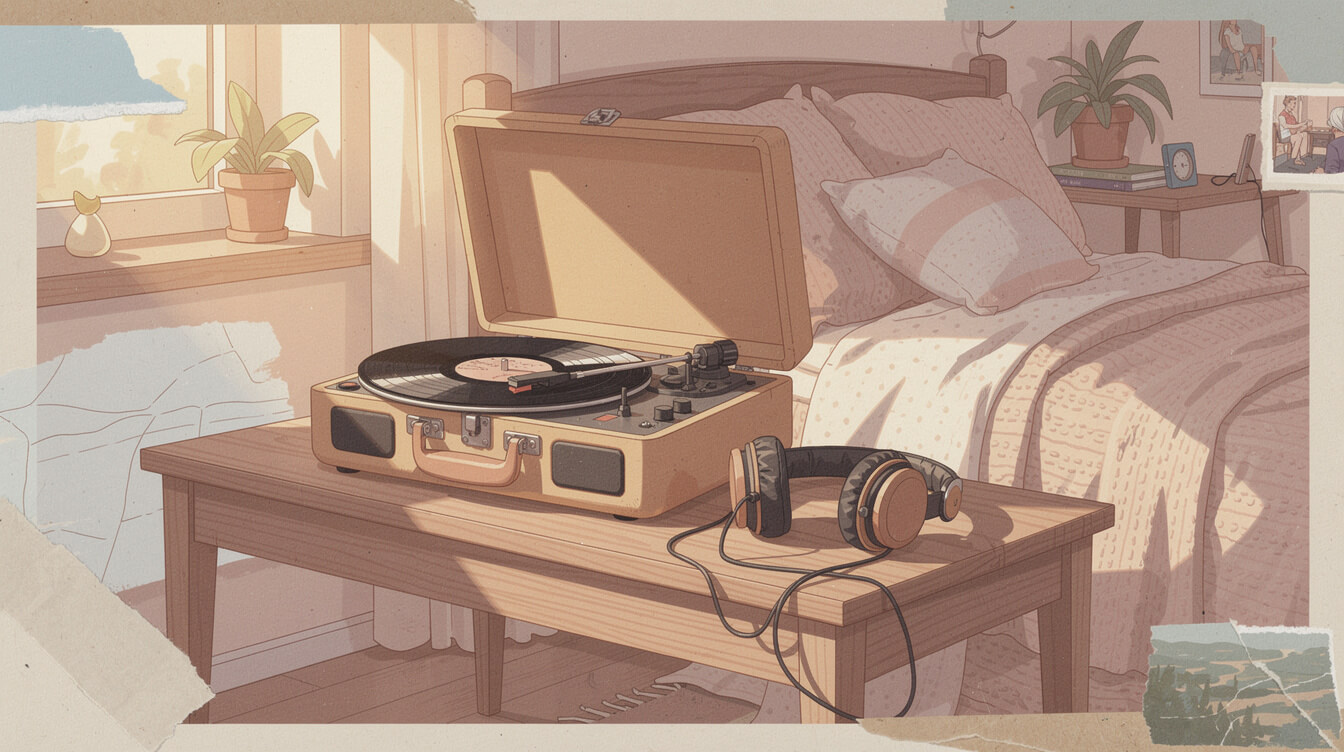 inviting record player and headphones illustration for first-time album listeners