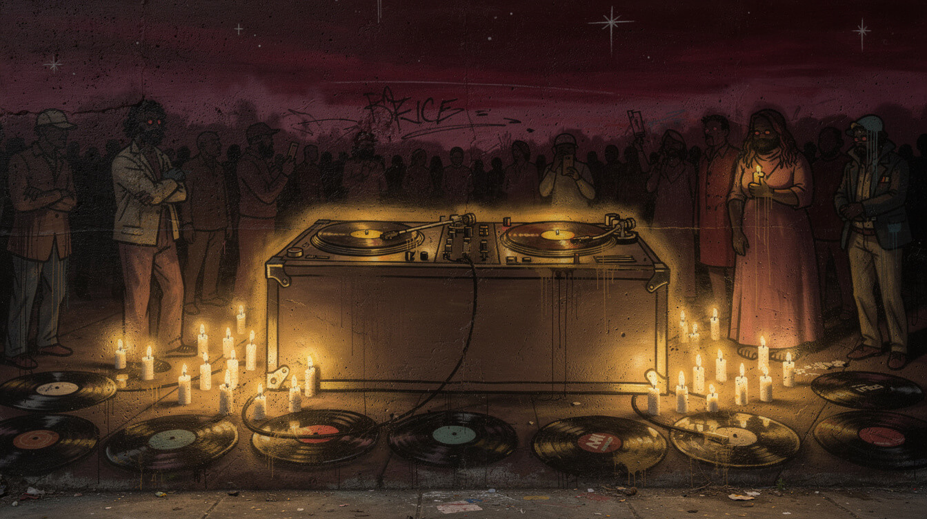 DJ booth turntables memorial gathering