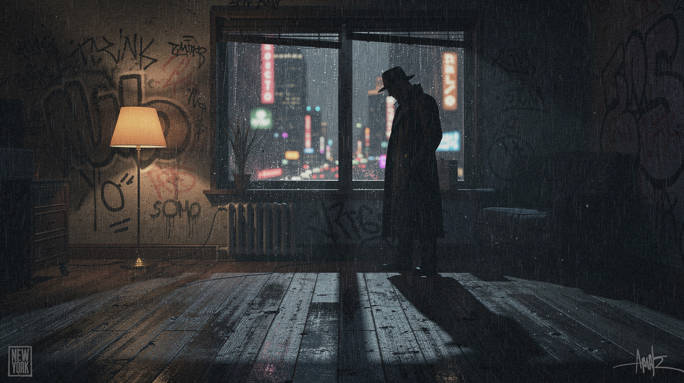 Cinematic noir street scene representing Ghostface Killah's storytelling style