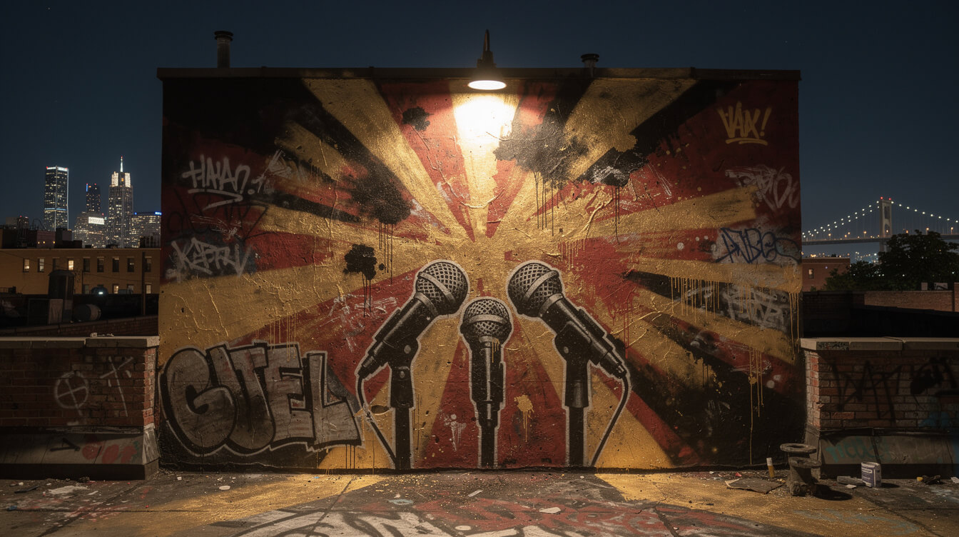 Graffiti-style hip-hop cipher representing Wu-Tang posse cuts
