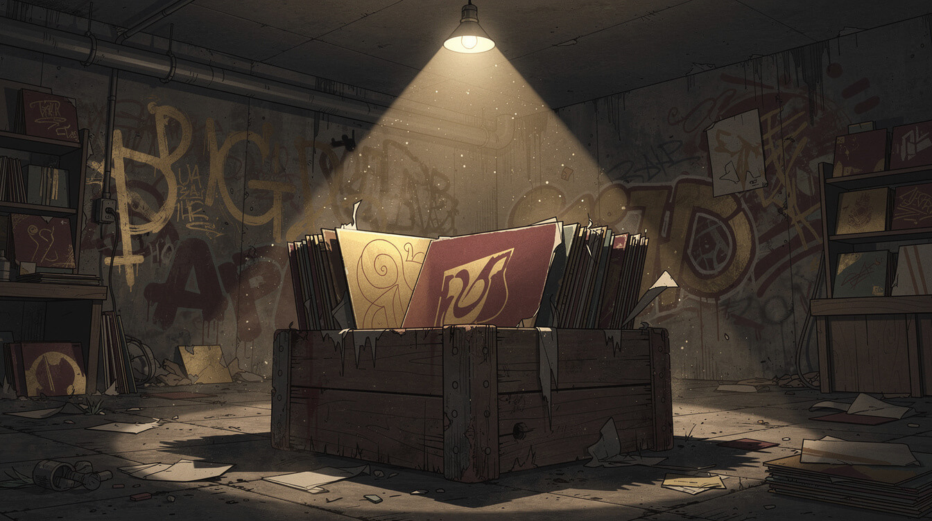 Crate of rare vinyl representing deep-catalog Ghostface Killah songs