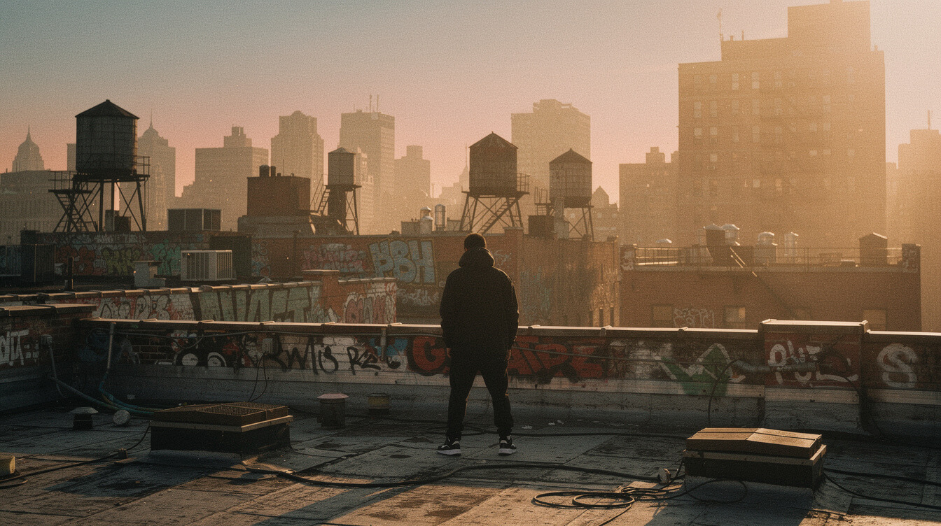 Silhouette on a New York rooftop at golden hour representing Jay-Z at the top of hip-hop