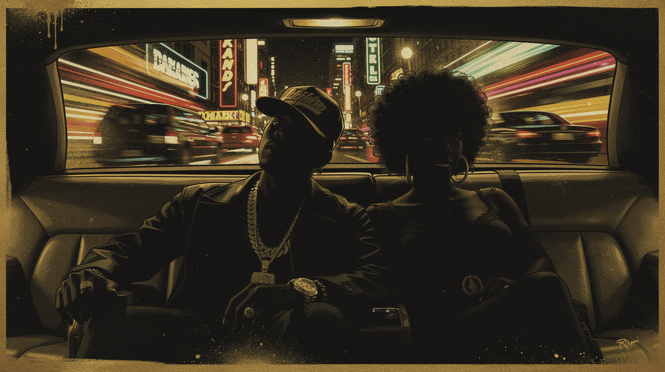 Two silhouettes in a limousine at night representing the jay-z the blueprint 2 single 03 Bonnie and Clyde