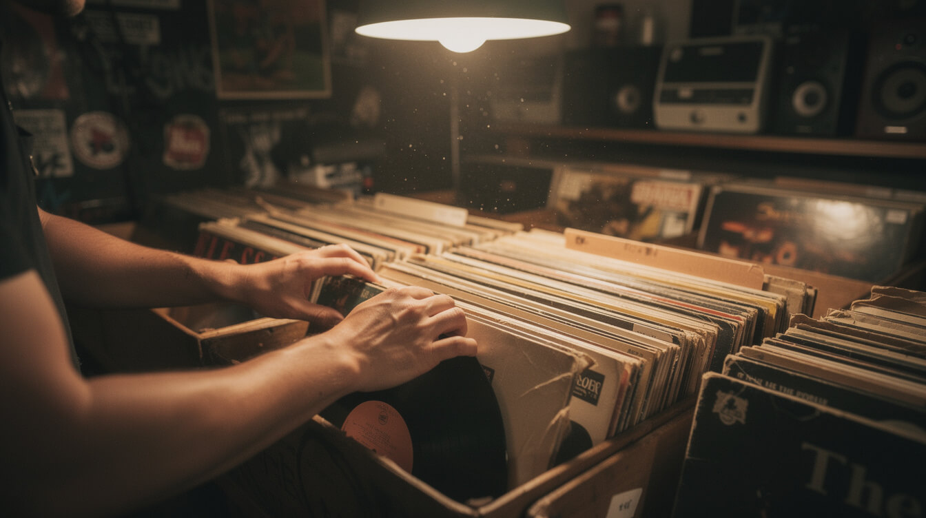 Hands flipping through vinyl crates representing deep cuts on jay-z the blueprint 2