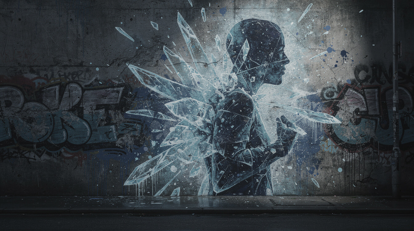 Abstract street art of a figure made of shattered ice, representing the Drake Iceman persona reset