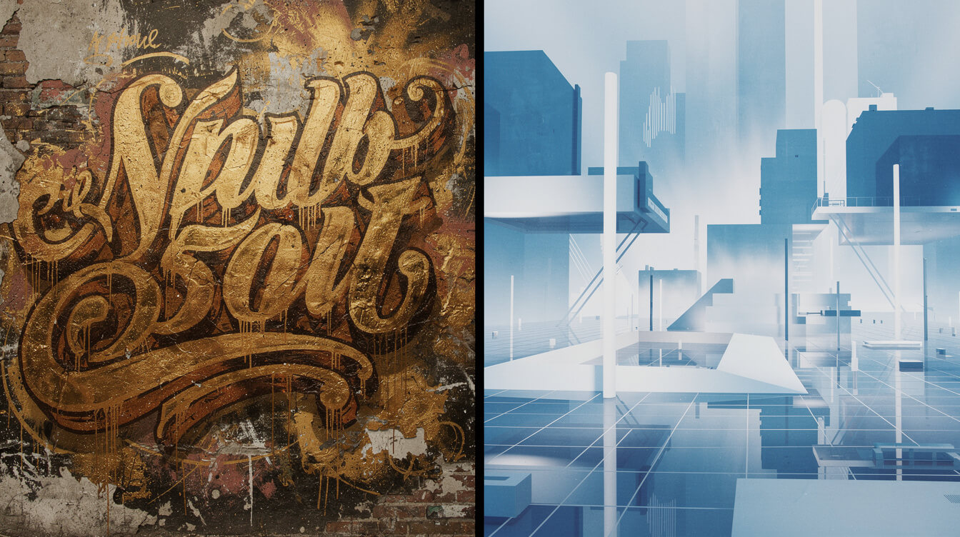 Split street art composition comparing vintage gold graffiti texture to icy blue minimalist geometry