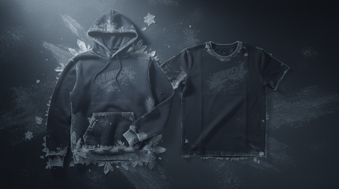 Editorial flat-lay illustration of a black hoodie and t-shirt with frost texture accents