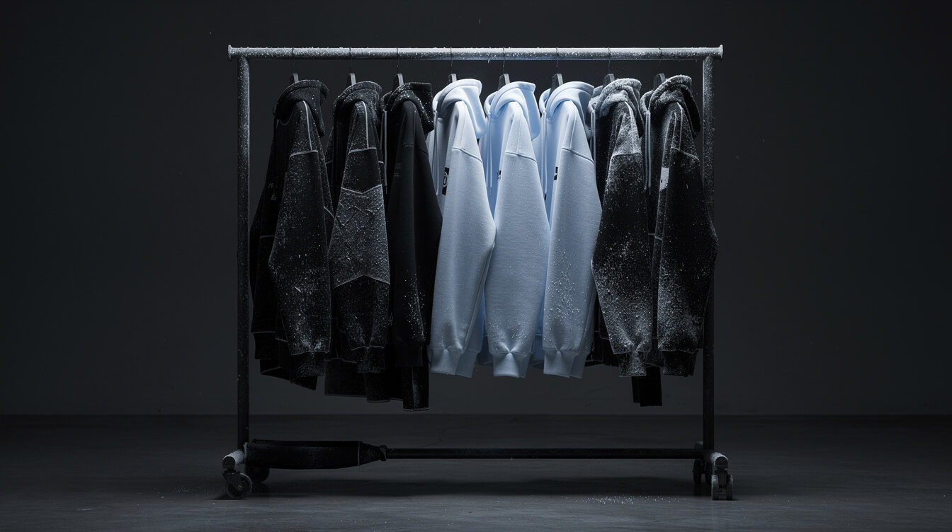 Editorial photography of a clothing rack with black and icy blue streetwear hoodies