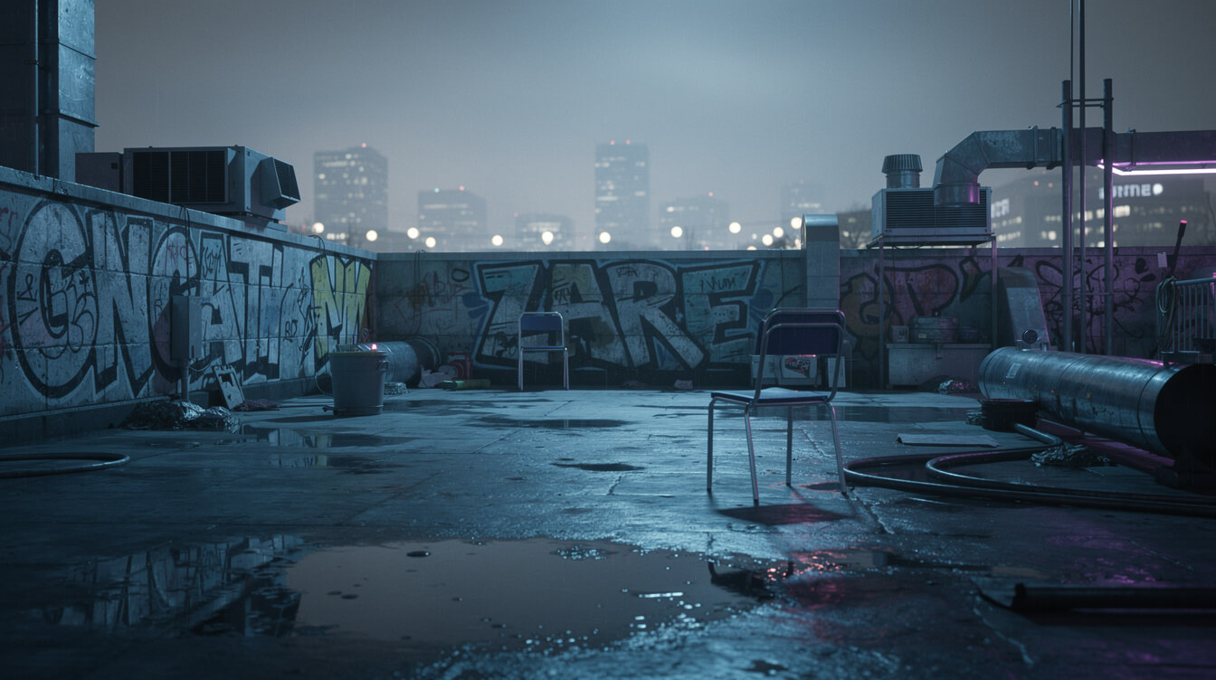 Moody urban rooftop scene at night with icy blue neon glow and graffiti walls