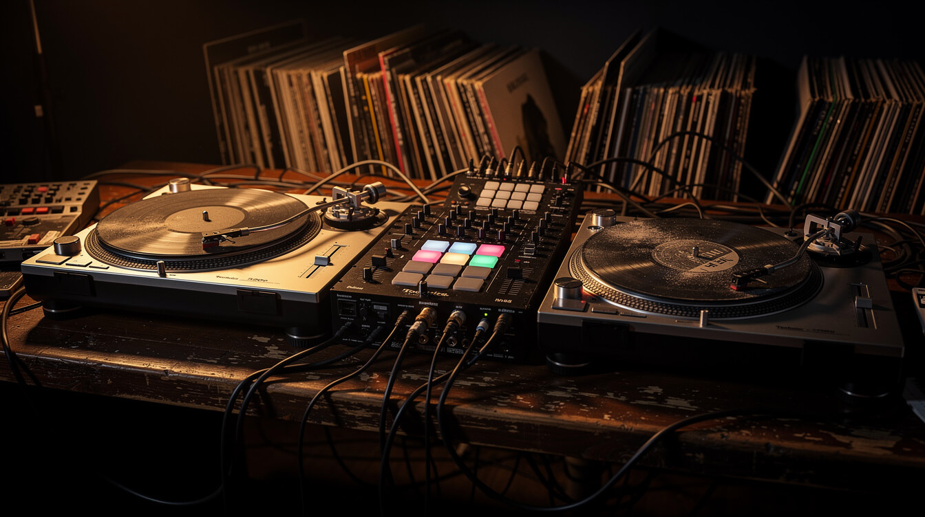 Vintage turntables and MPC sampler representing DJ Premier's production setup