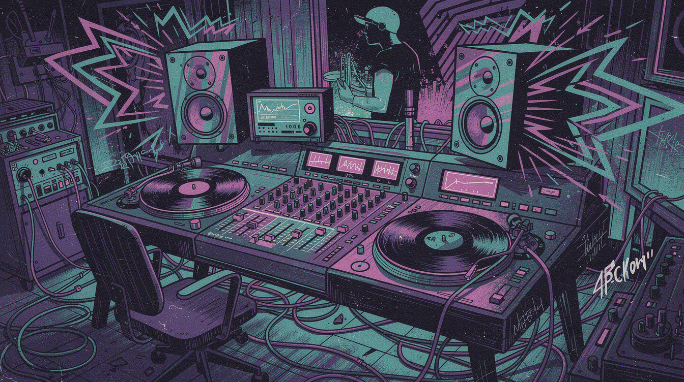 Timbaland-style neon music production studio street art