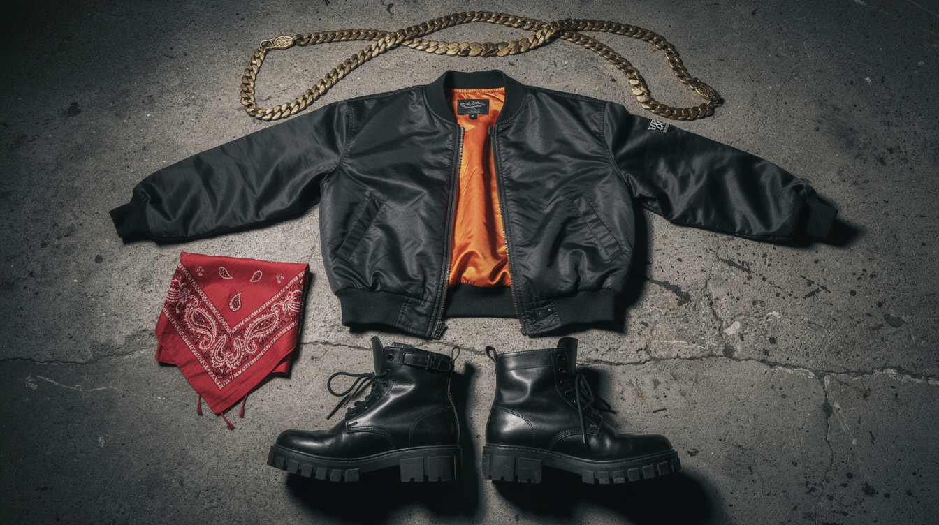 vintage 1990s streetwear bomber jacket gold chain flatlay