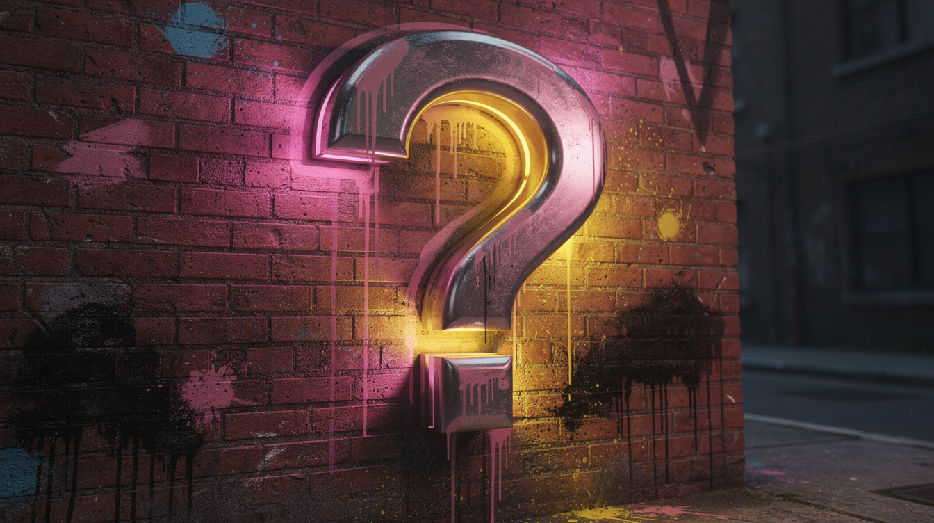 graffiti style question mark spray paint chrome brick wall