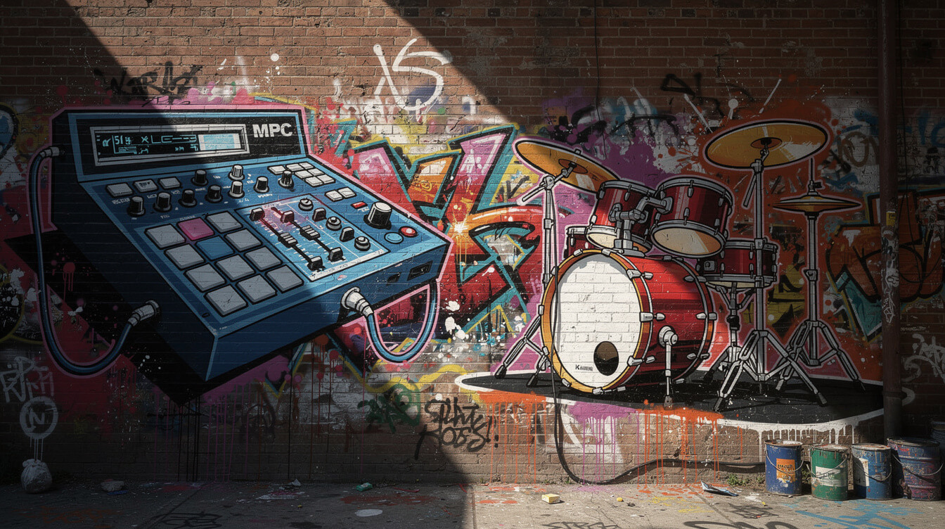 MPC sampler versus live drum kit illustration representing The Roots The Seed hip-hop debate