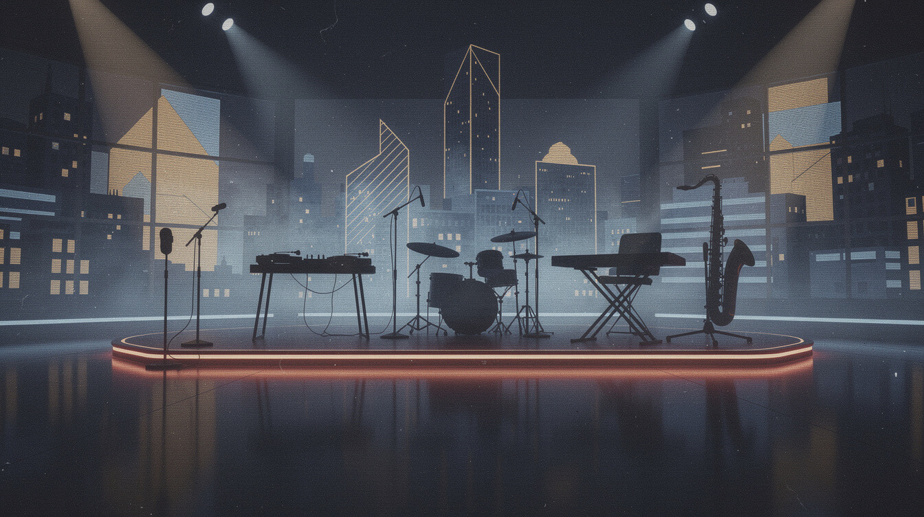 Late night talk show stage reimagined as hip-hop album art