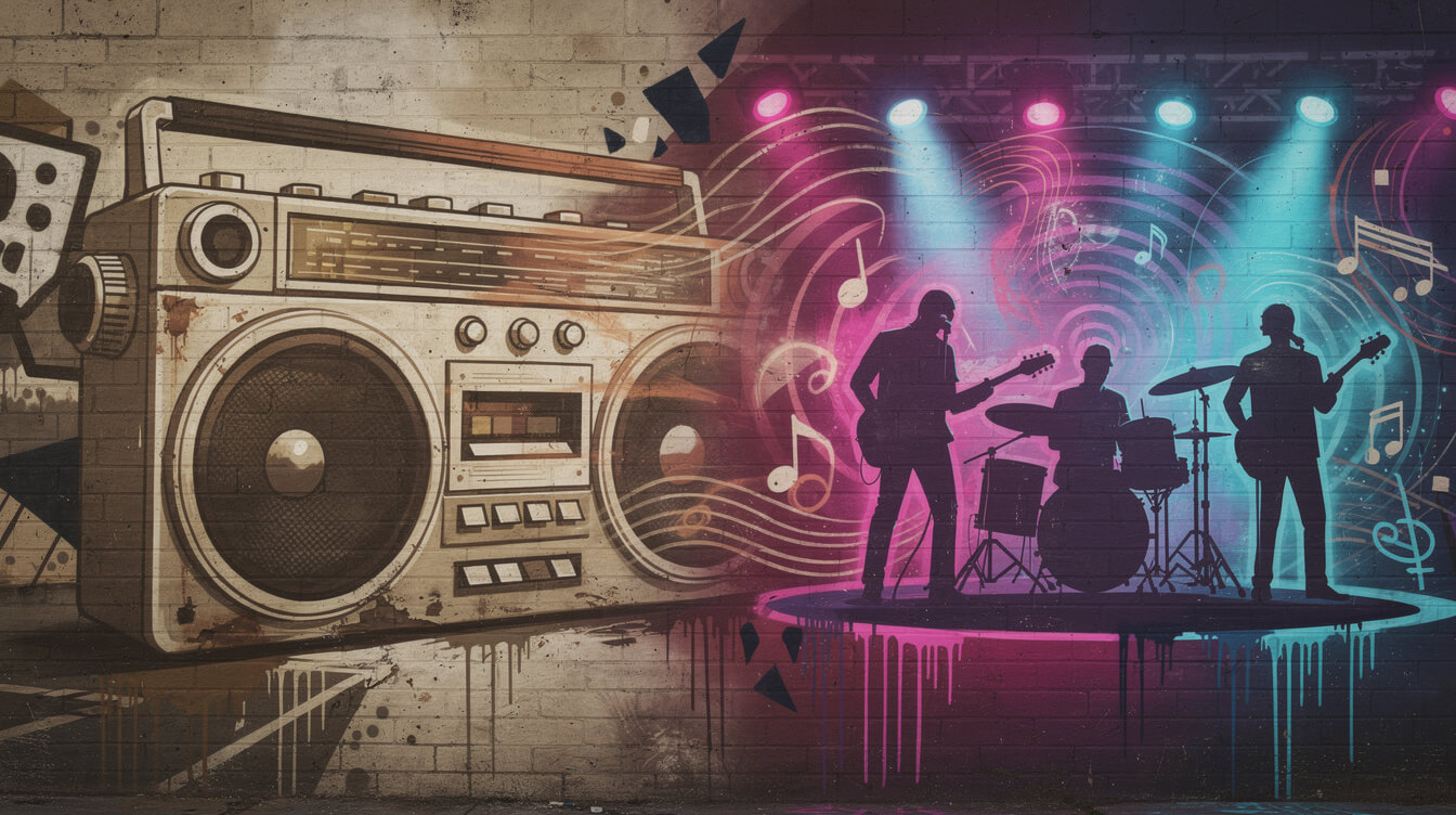 Boom box fading into live band silhouette representing hip-hop generational handoff