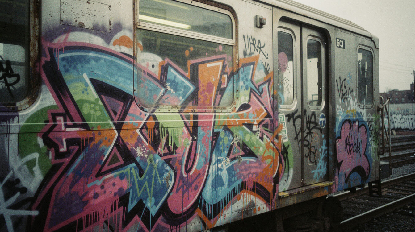 wildstyle graffiti lettering on subway car