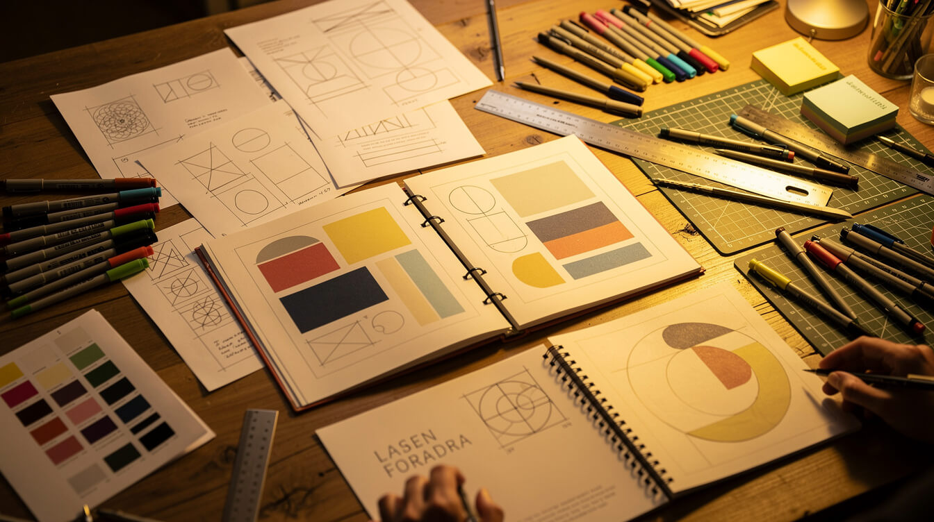 design studio with album layout sketches