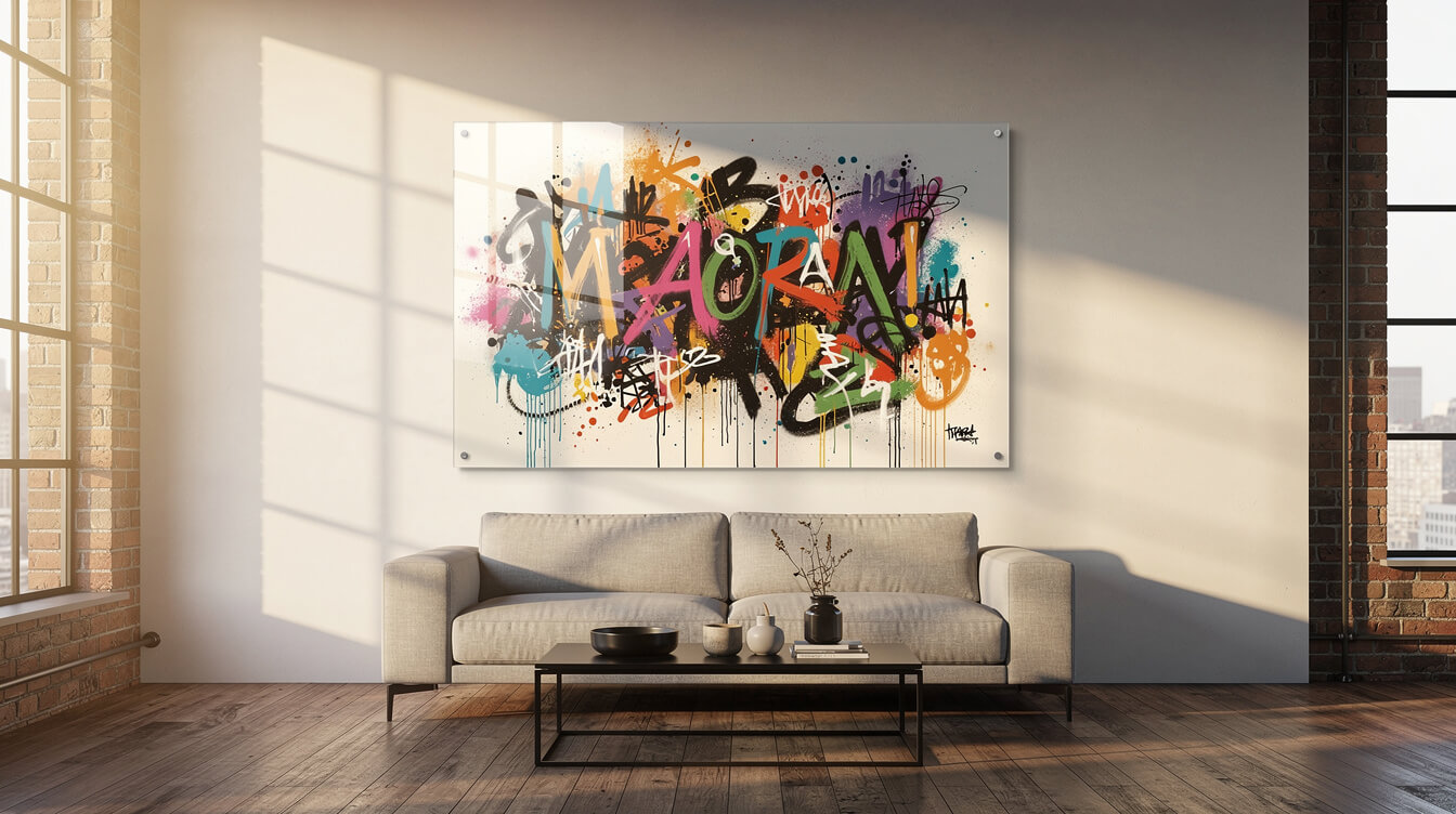 frameless glass print of street art in a modern room