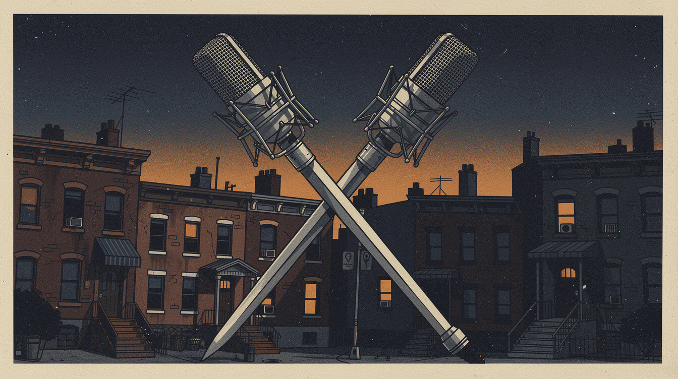 Illustration of crossed microphones over a Brooklyn skyline representing the Mos Def Talib Kweli Black Star origin story