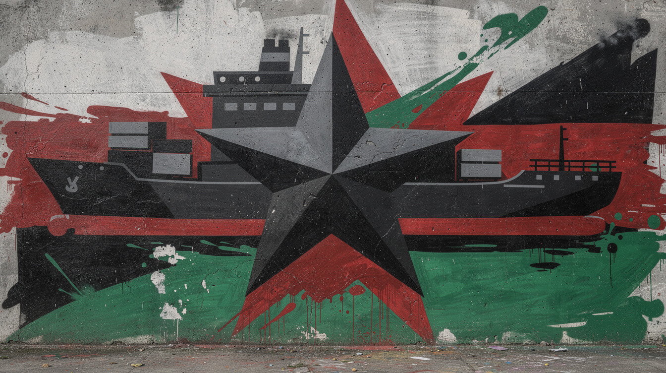 mos def black star album name inspiration graffiti mural of a black star over a ship silhouette