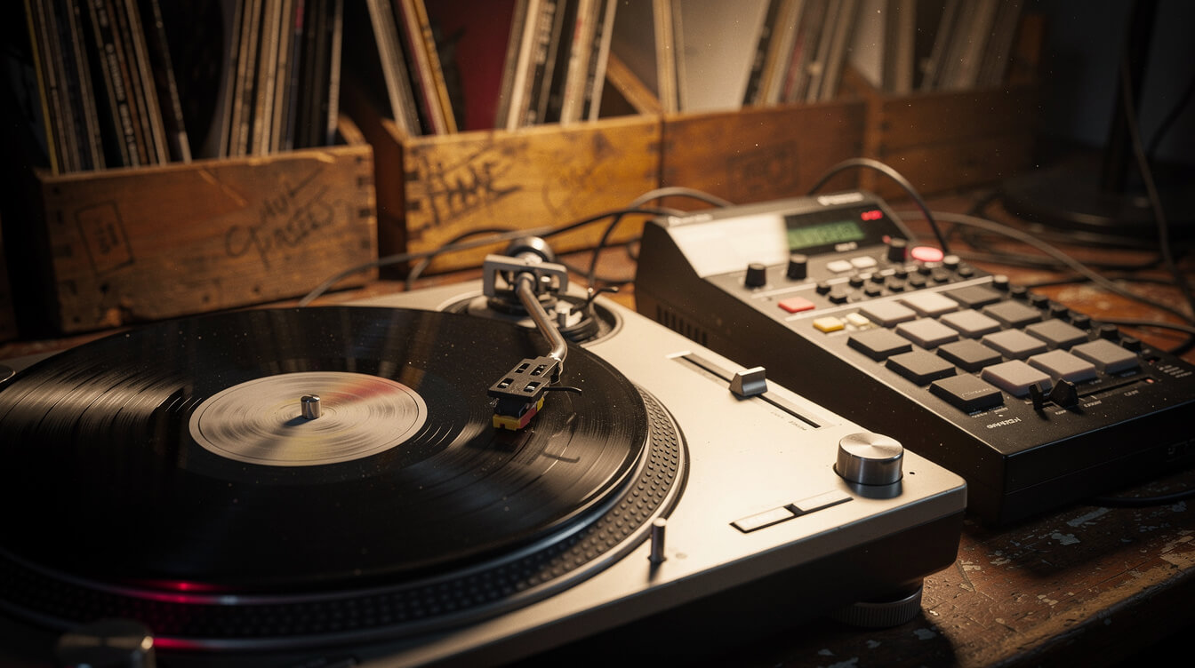 Vinyl record and sampler representing the boom bap production behind mos def black star