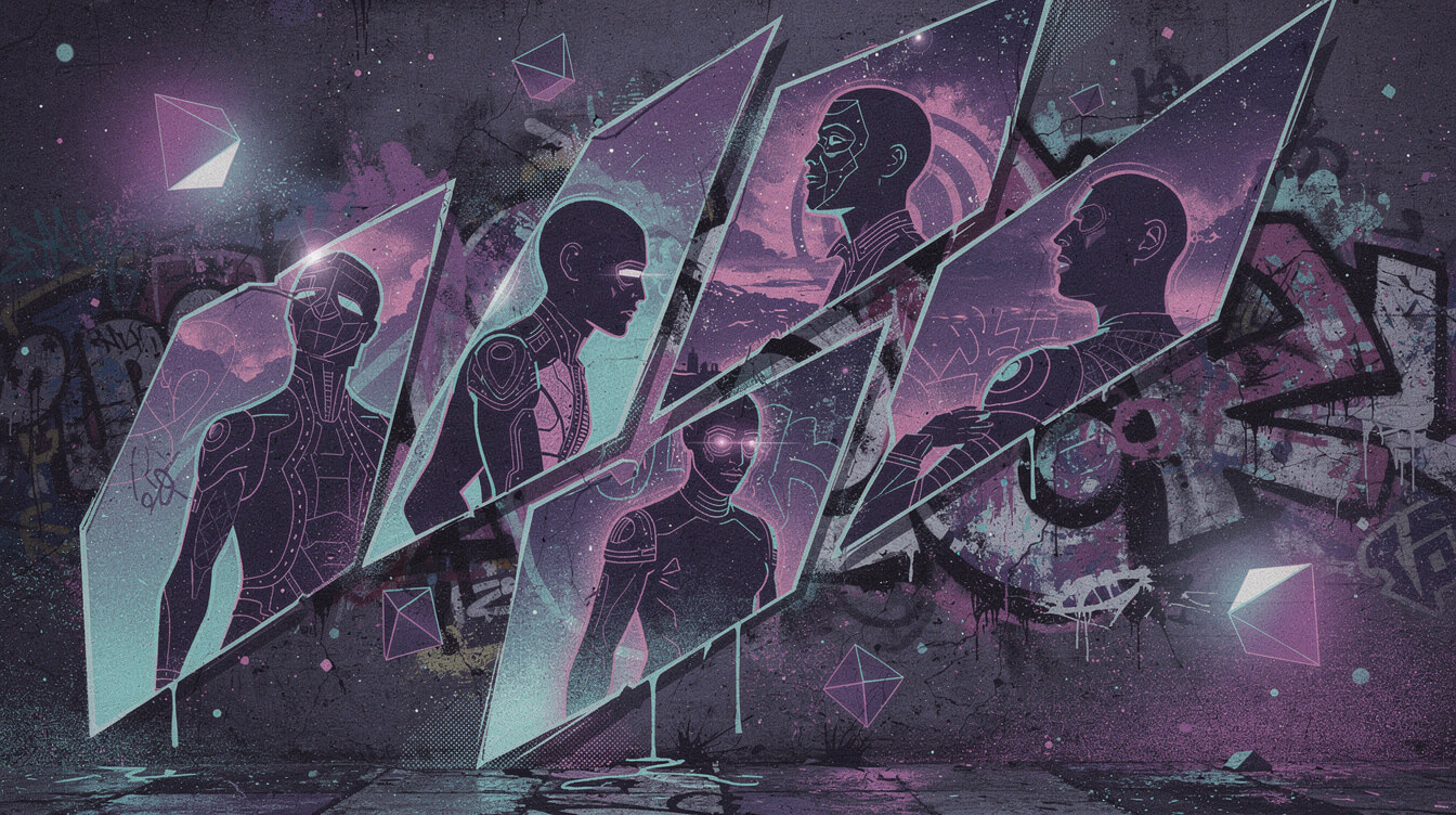 surreal retro-futurist illustration representing Kool Keith's alter egos