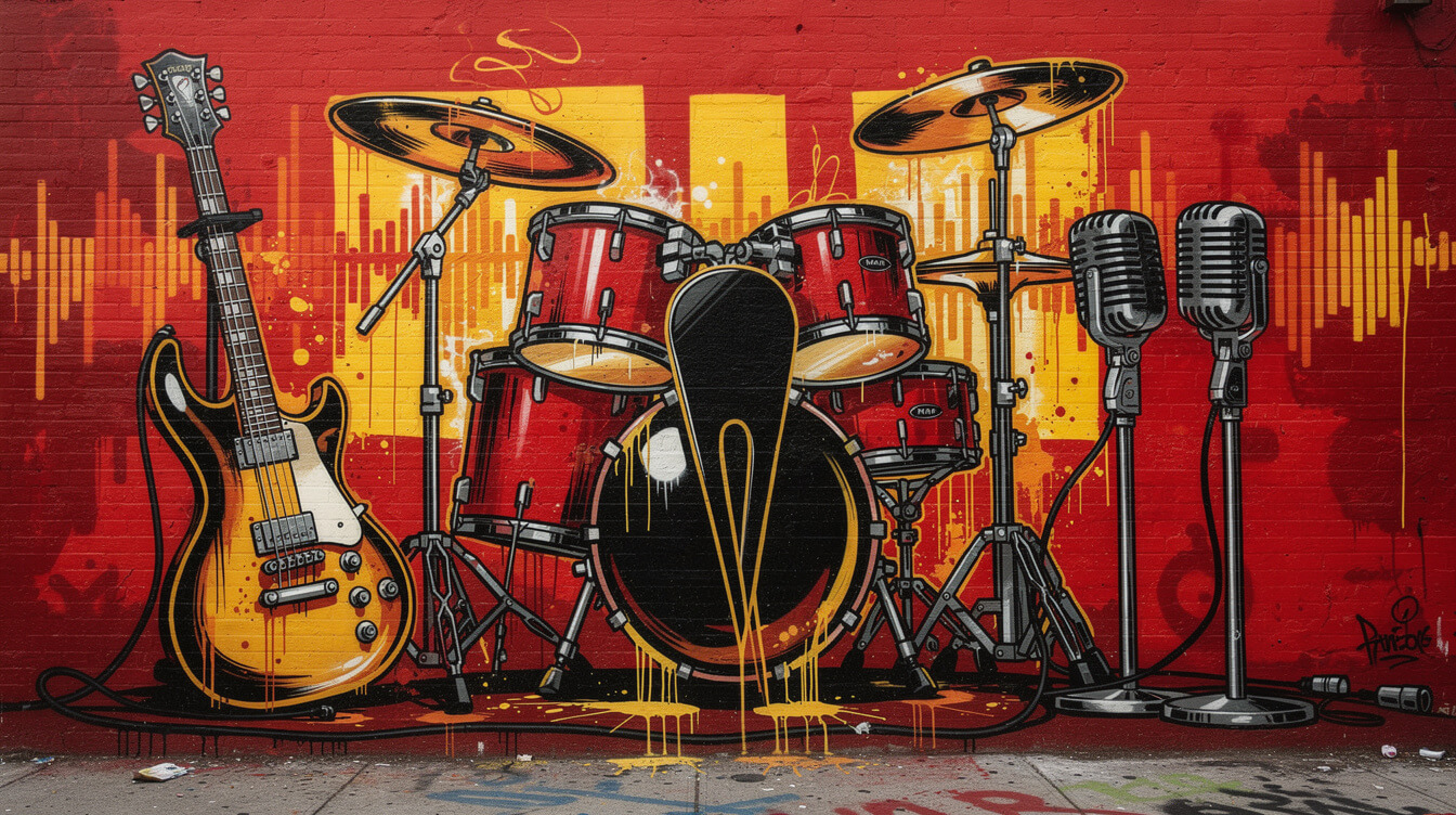Graffiti mural of a live hip-hop band setup inspired by The Roots