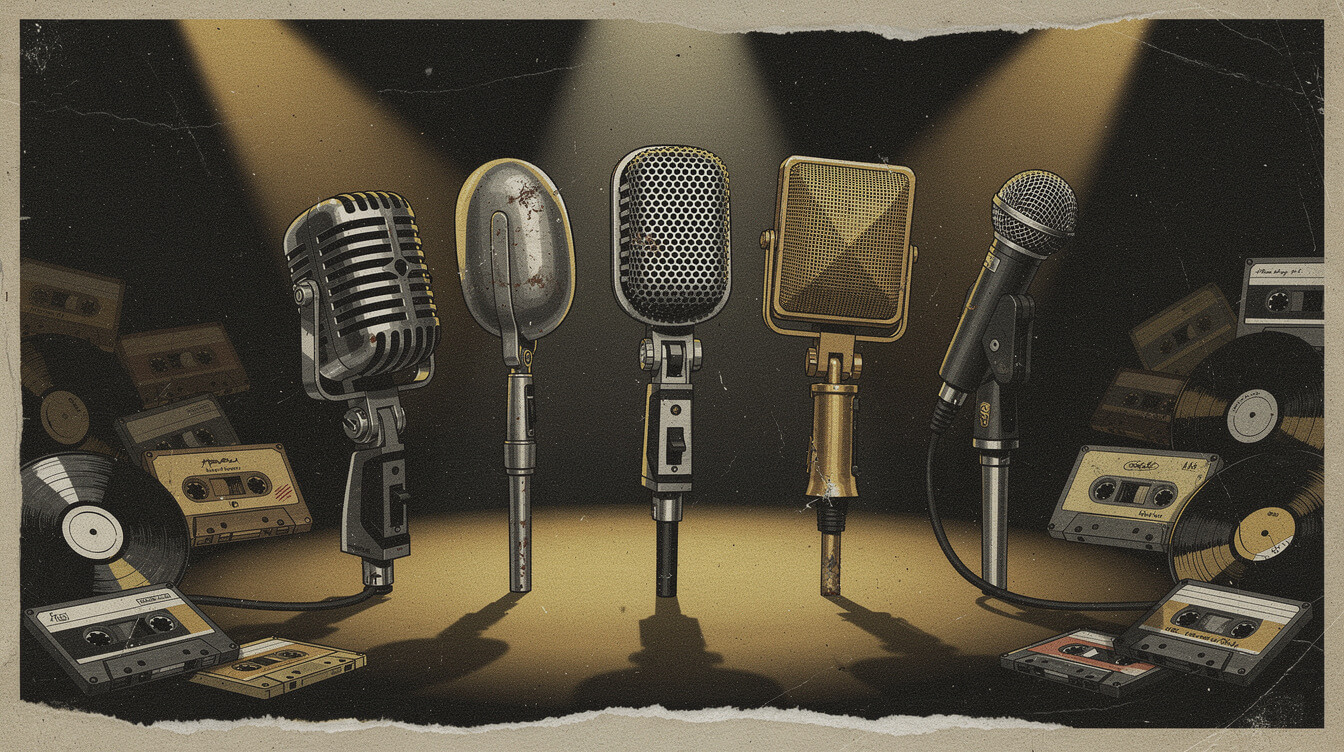 Collage of vintage microphones representing the guest list on The Roots Things Fall Apart