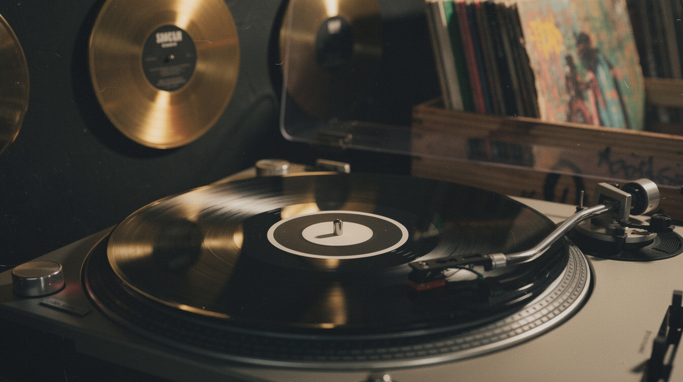 Vinyl record spinning with platinum plaque reflections representing the legacy of The Roots Things Fall Apart