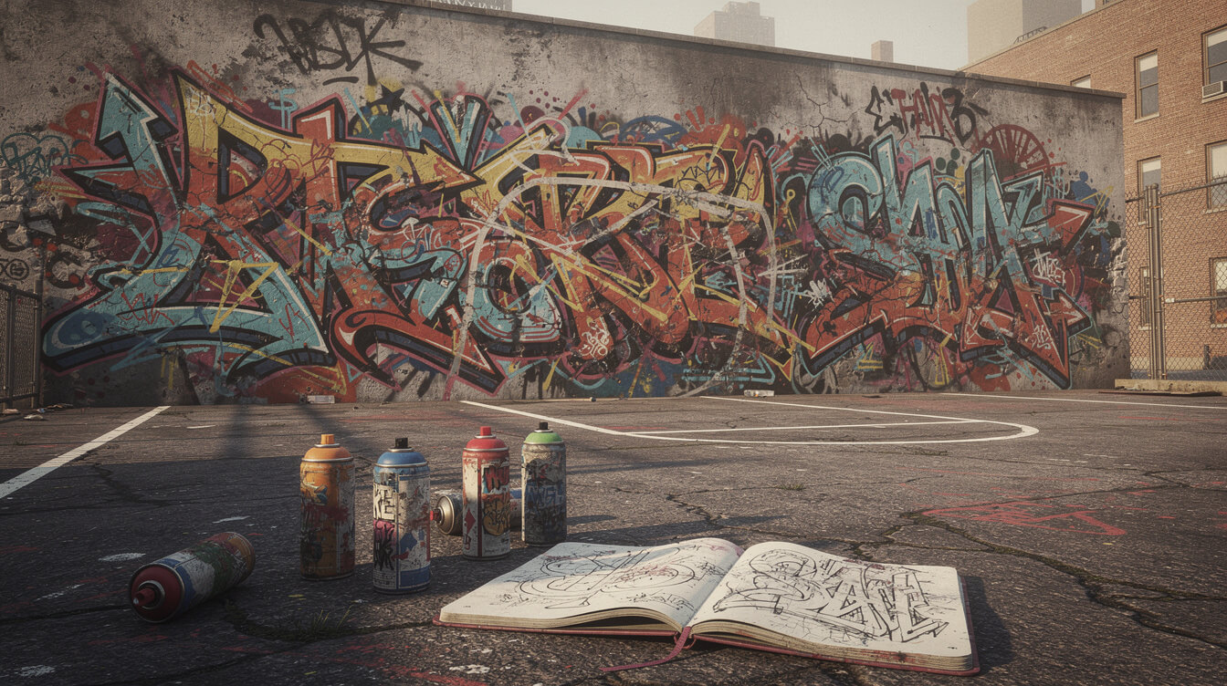 Graffiti mural on a Lower East Side handball court with spray cans, evoking Lee Quiñones in the Wild Style movie